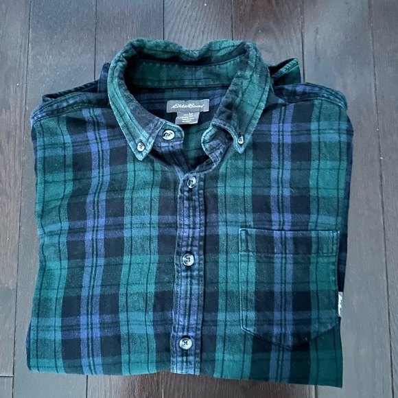 ⚡️2/$25⚡️ Eddie Bauer 100% Cotton Green Plaid Flannel Shirt | Sz M Cabincore - Picture 7 of 10